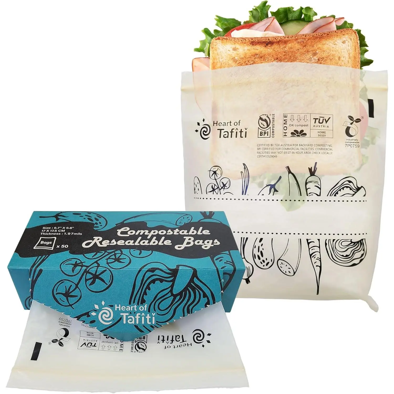 Compostable Extra Thick Leak-Proof Resealable Snack & Food Bags, 50 Bags (6.7" x 6.8"), BPI & OK Compost Certified Eco-Friendly Reusable