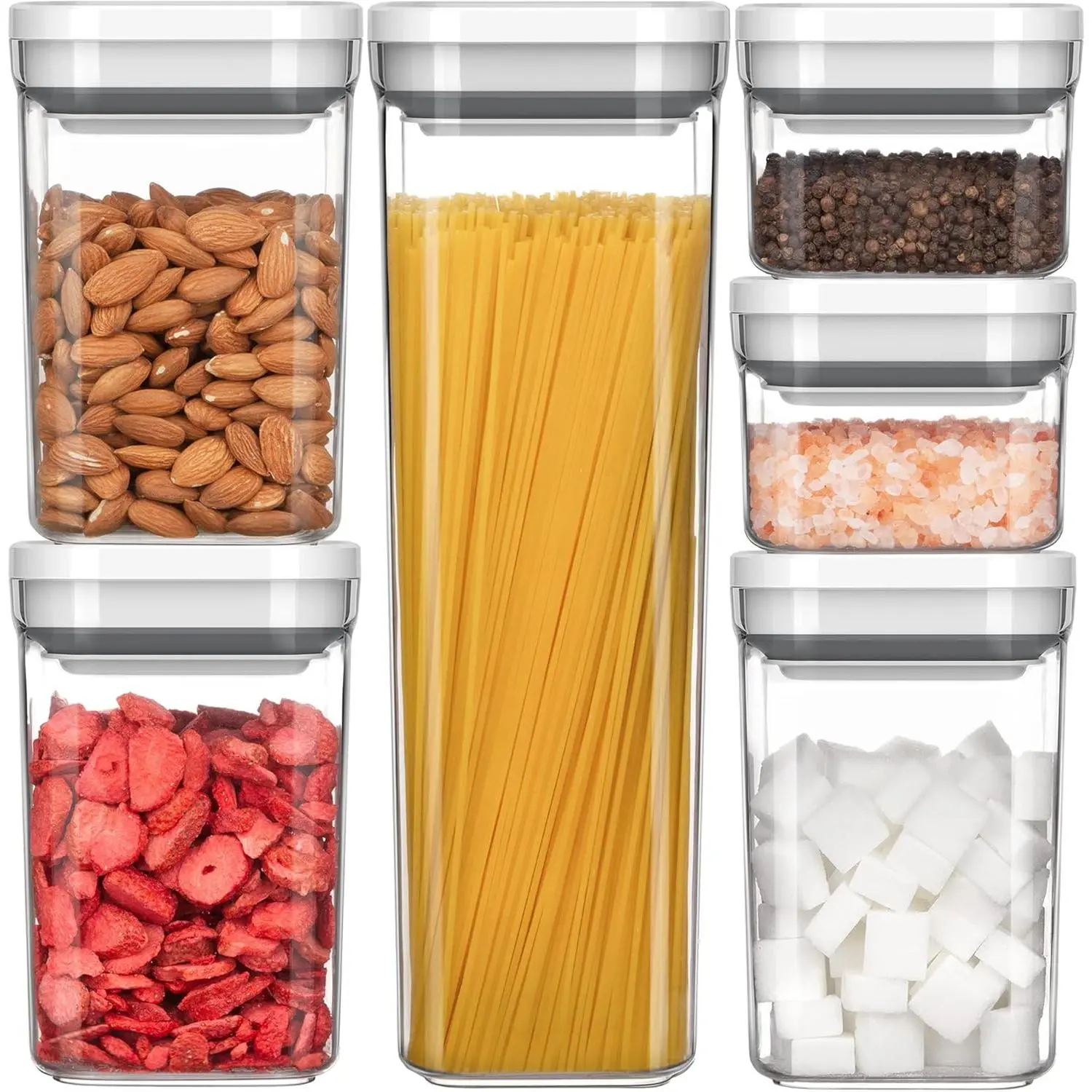 6 Piece Airtight Food Storage Container Set, BPA Free Kitchen Pantry Organization Canisters, One-handed Kitchen Storage Containers for Cereal, Spaghetti, Pasta, White