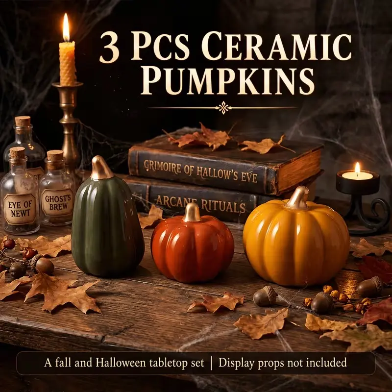 3 Piece Ceramic Pumpkin Decor Set, Creative Halloween & Fall Home Décor, Handcrafted Ceramic Desktop Ornaments, Decorative Ornaments, Perfect for Seasonal Arrangements