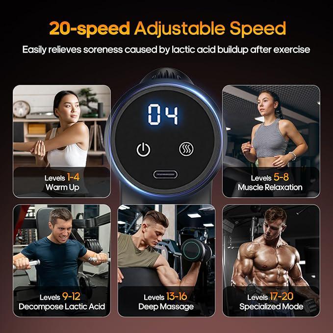 Massage Gun with Heat Deep Tissue Body Massager for Pain Relief,Muscle Percussion Massage Gun, Birthday Gifts for Men Women Dad him Handheld Message Gun with 6Heads&Silent