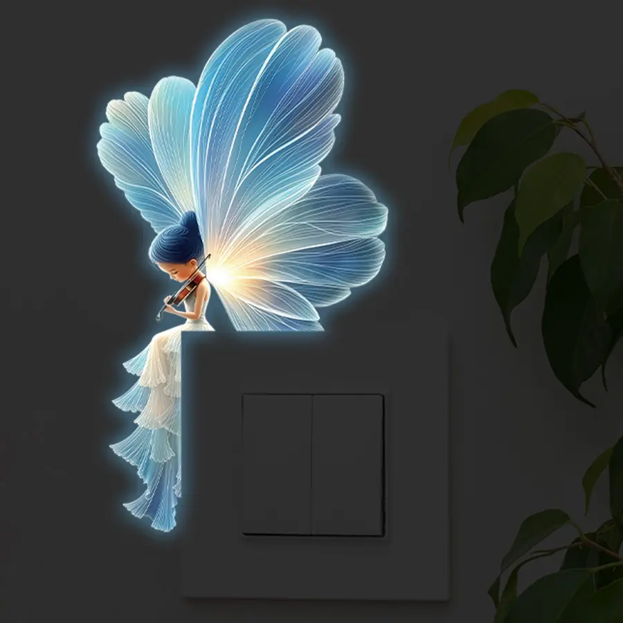 1pc Glow-In-The-Dark Violin Fairy Wall Sticker, Luminous Blue-Winged Violin Fairy Self-Adhesive Paper, Removable PVC Decorative Sticker, Suitable for Switches, Bedrooms And 'S Whimsical Dreamy Style Wall Decoration