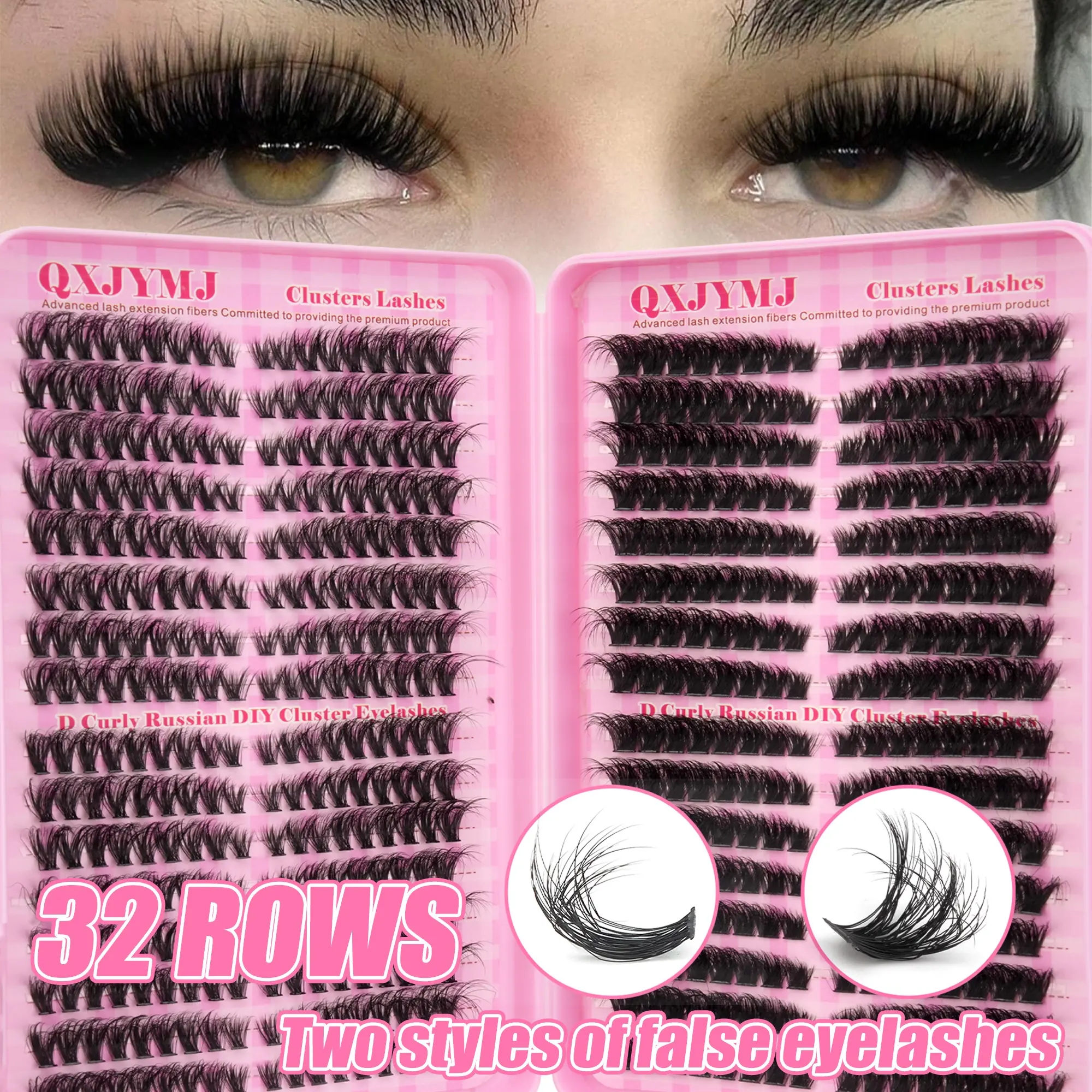 Qxjymj 32 Rows D Curl Russian DIY Cluster Lashes, Fluffy Wispy Individual Lash Clusters, Soft Mink False Eyelashes, Self Application