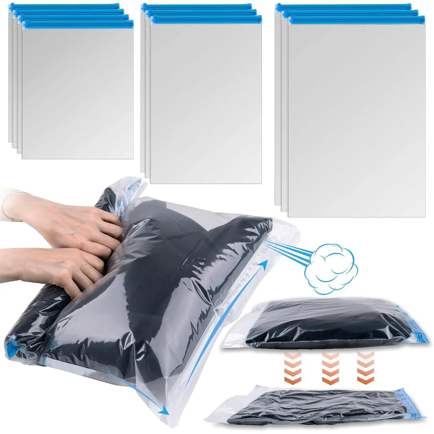 10 PCS Compression Bags for Travel Essentials, 3 Sizes Space Saver Bags, No Vacuum or Pump Needed, Roll Up Vacuum Packing for Clothing Storage, Cruise Accessories, Luggage & Home OrganizersGift.