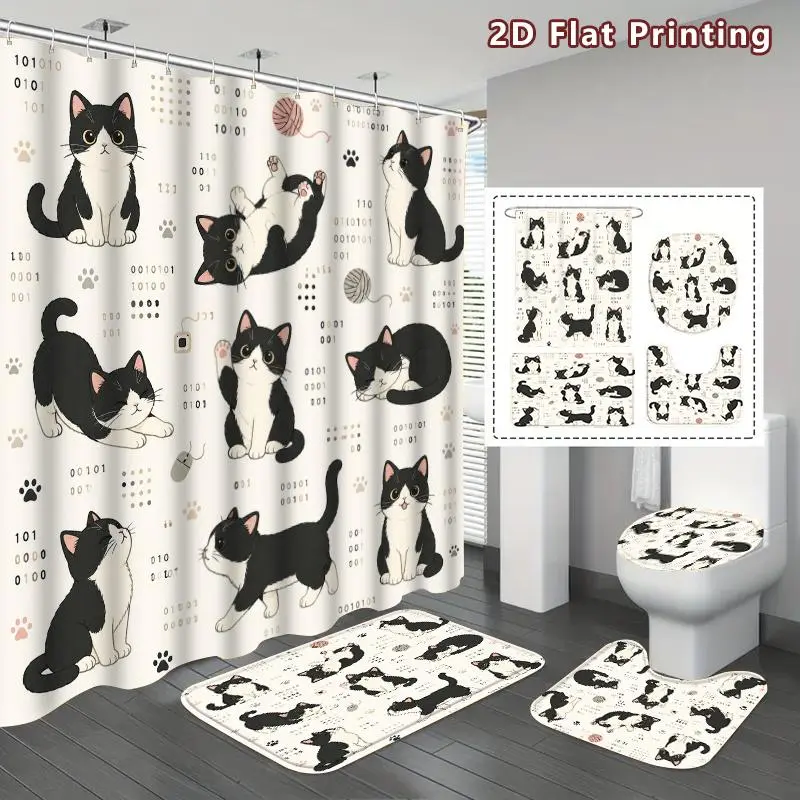 1/4PCS Cute Tuxedo Cat 2D Flat Shower Curtain Set – Black & White Kittens with Paw Prints & Yarn, Includes Mat, U-Mat, Toilet Cover & Hooks, Perfect Gift for Cat Lovers, Home Bathroom Accessories
