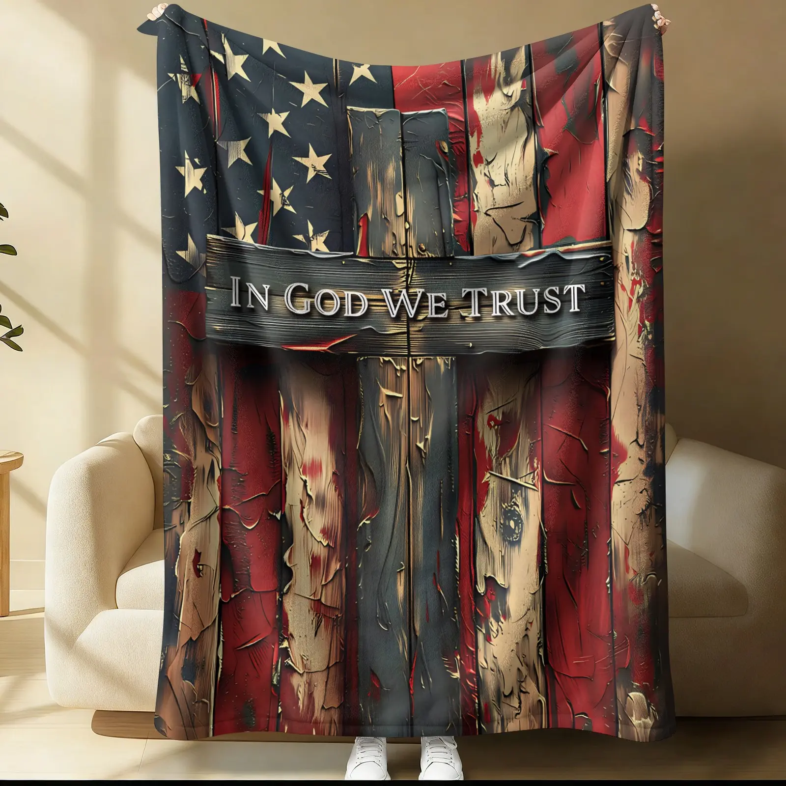Vintage-Style American Flag and Cross Pattern Bedding With A Wood-Grain Look; Rustic Farmhouse-Style Flannel Blanket.Plush texture   Soft and Cozy—Perfect for Patriots, Veterans, and Independence Day Bedroom Decor; Ideal As A Sofa Throw Or Nap Blanket.