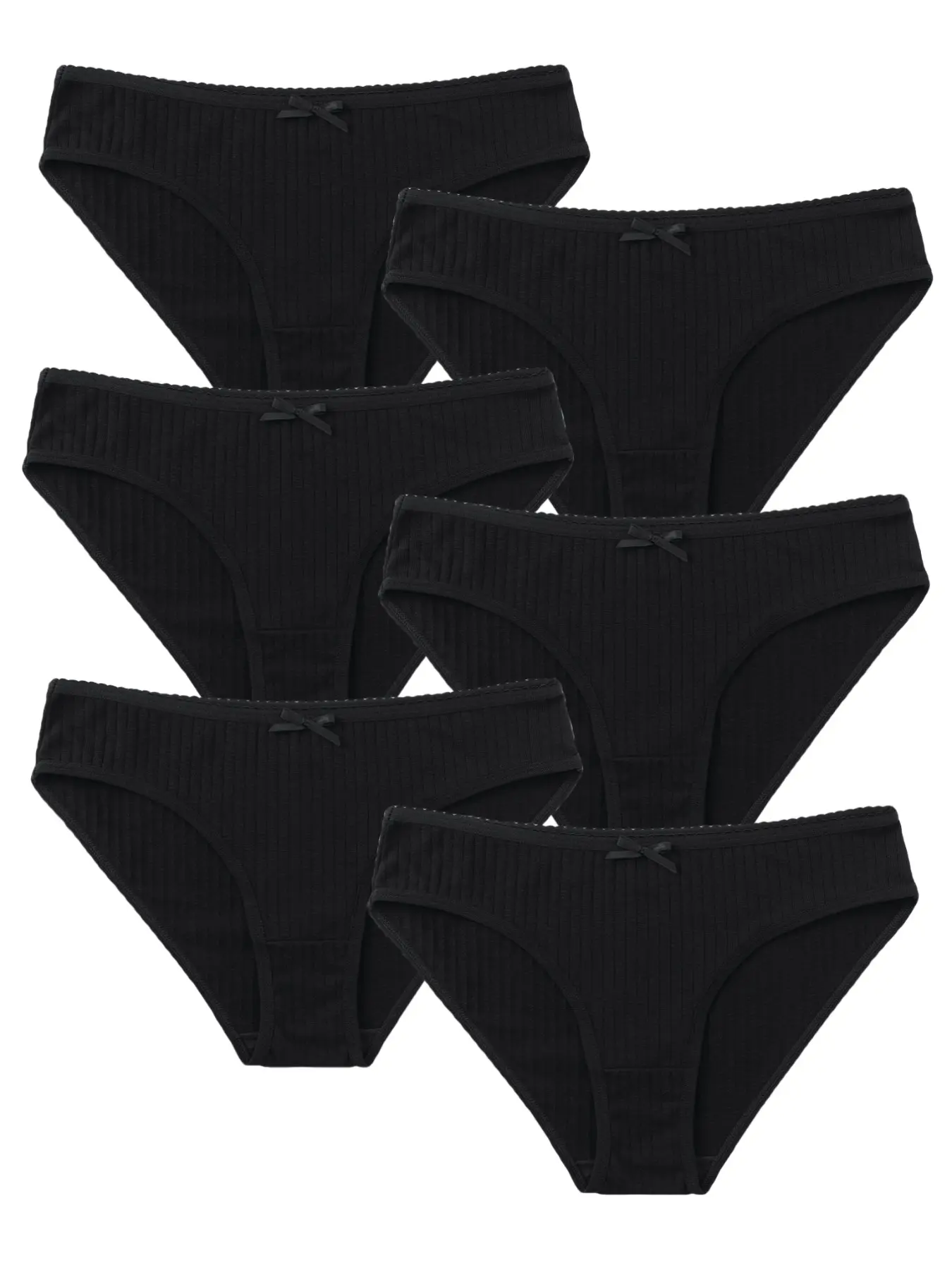 6-Pack Women Black Ribbed Low Rise Bikini Underwear, Ultra Soft Breathable Cute Bow Daily Panties, Bikini Undie