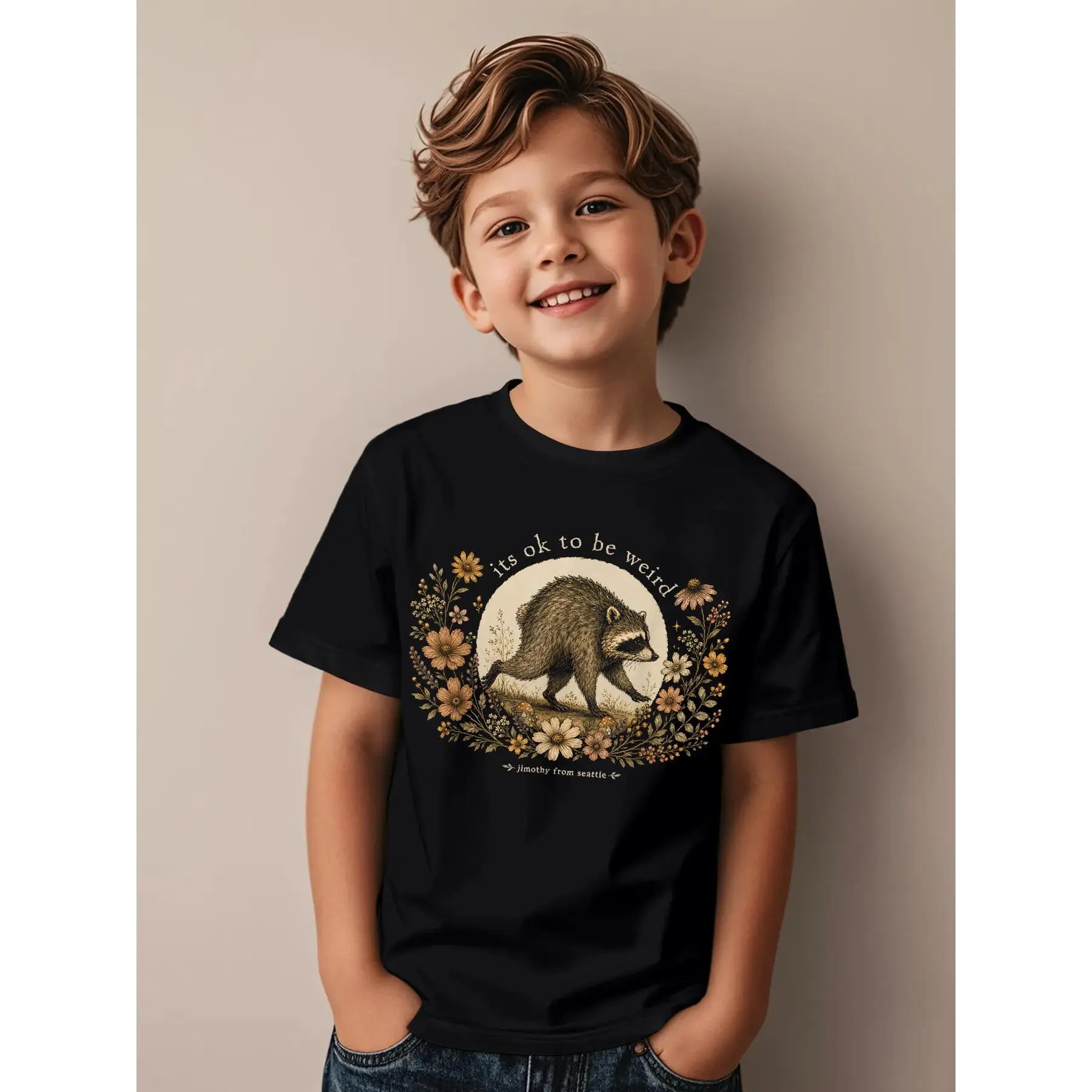 Soft Breathable Jimothy from Seattle Itu2019s OK to Be Weird Raccoon Cottagecore(3) T-Shirt for Kids | Boys & Girls Graphic Tee - Birthday Party Outfit or Everyday Play Clothes