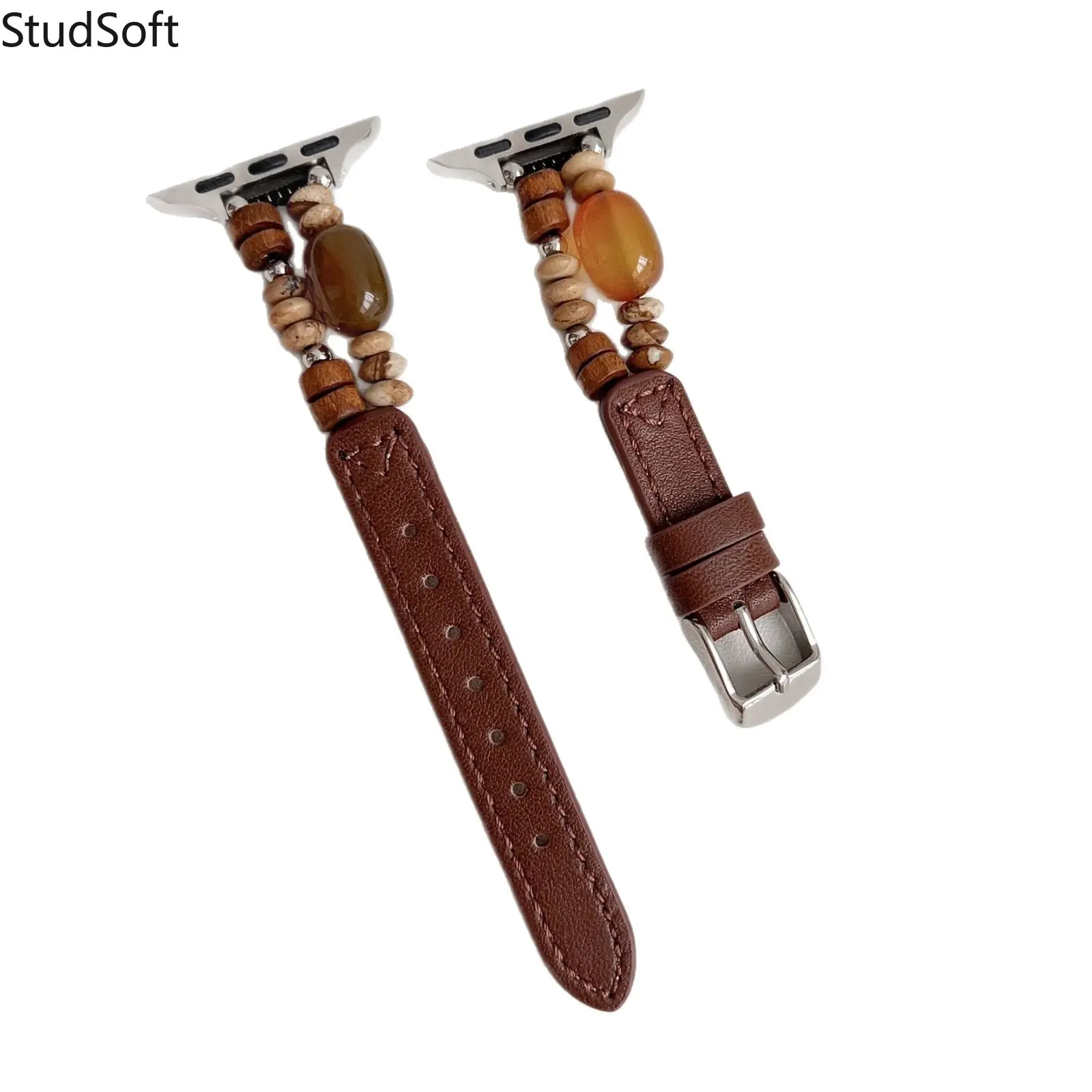 Vintage Wooden Bead Leather Watch Band for Apple Watch 38mm 40mm 41mm 42mm 44mm 45mm 49mm Women Ethnic Natural Stone Wristband iWatch Series 10 9 8 SE Ultra 2 Western Retro Strap,back to school,back to school haul