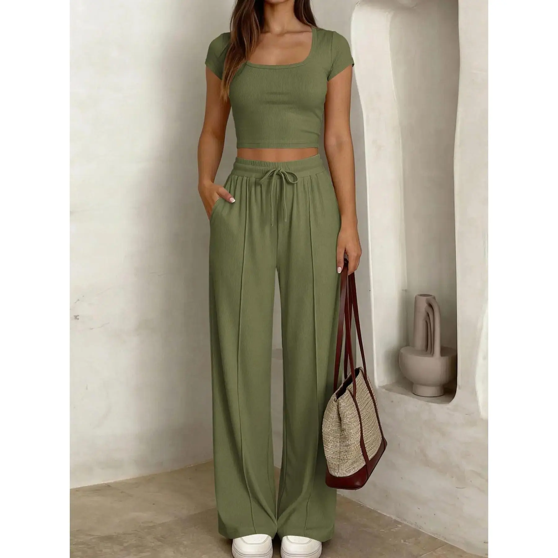 Women's Summer 2-Piece Outfit Short Sleeve Top Drawstring Pants Casual Matching Set