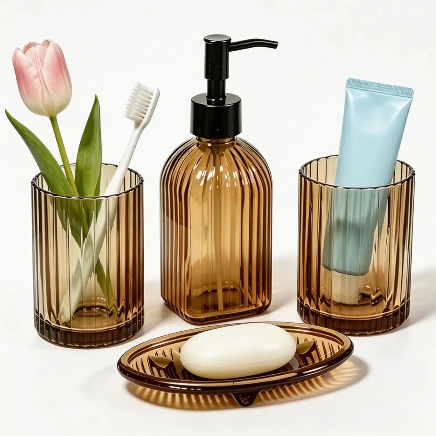 Brown Glass Bathroom Accessories Set for Bathroom Upgrade - Countertop Vanity Organizer with Soap Dispenser, Toothbrush Holder, Mouthwash Cup, Soap Dish - Sleek Decor for Contemporary Homes/Hotels