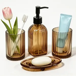 Glass Bathroom Accessories Set, Bathroom Set with Soap Dispenser, Toothbrush Holder, Mouthwash Cup & Soap Dish, Sleek Organizer for Contemporary Home/Hotel Decor, Countertop Vanity Organize (Brown)
