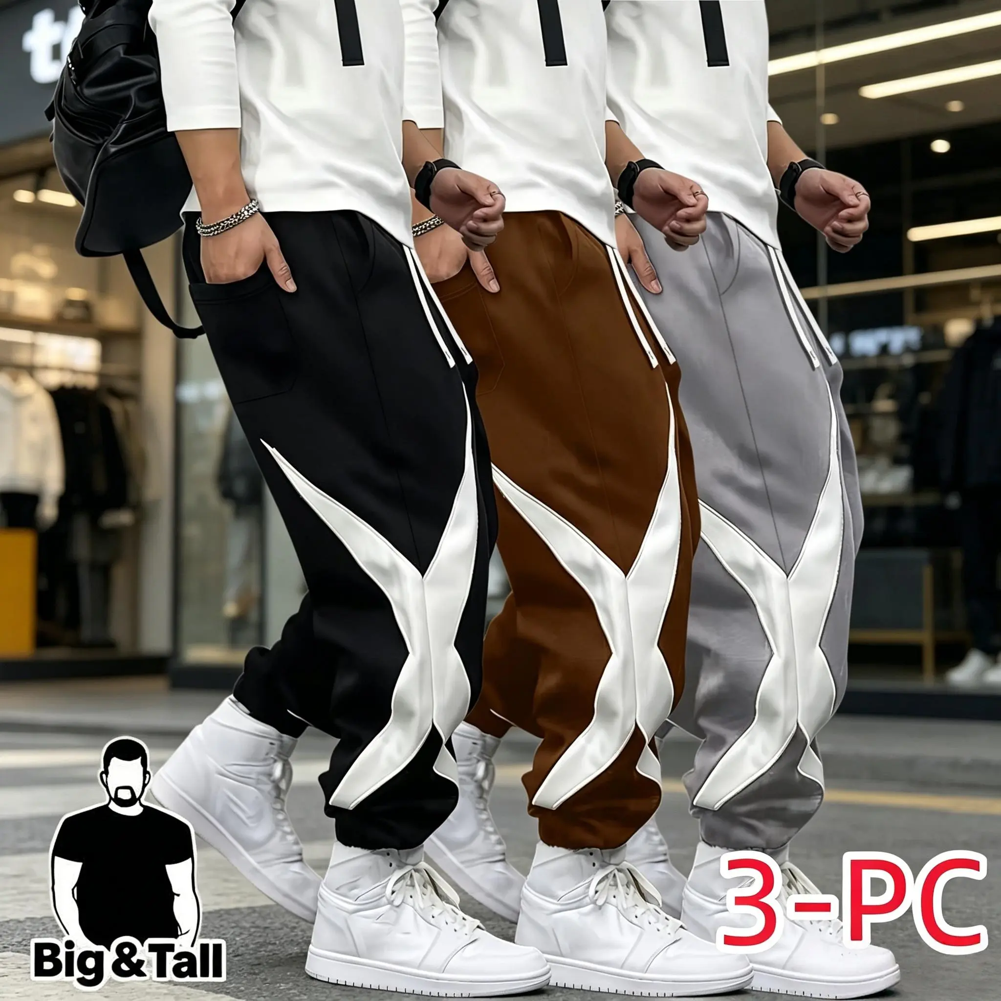 3PC Large-size men's star-print jogging pants, Y2K street style rolled-up ankle-length pants, casual sports jogging pants and home wear pants, suitable for daily travel, travel and commuting pants