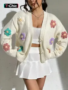 Women's 3D Floral Appliques Button Front Fitted Cardigan, Casual Feminine Long Sleeve V Neck Knitwear for Fall & Winter, Going Out Top, Ladies Knit Clothing for Daily Wear, Womenswear