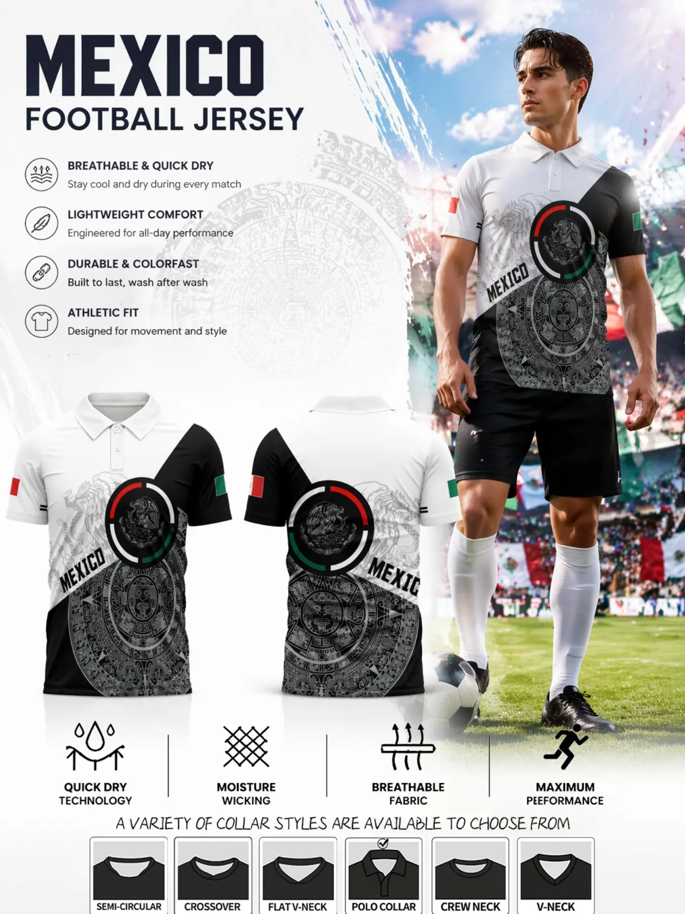 Mexico National Football Men's Crew Neck Sweater, Diagonal Design, Aztec Calendar, Eagle Emblem, Quick-Dry Polyester, Sporty Style