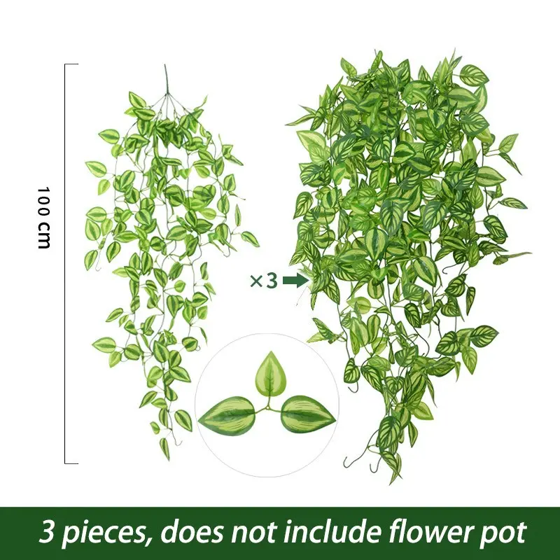 3-Pack Realistic Hanging Artificial Greenery Vines, Fake Pothos Ivy Leaf Wall Decor, No Maintenance False Vine for Home Office