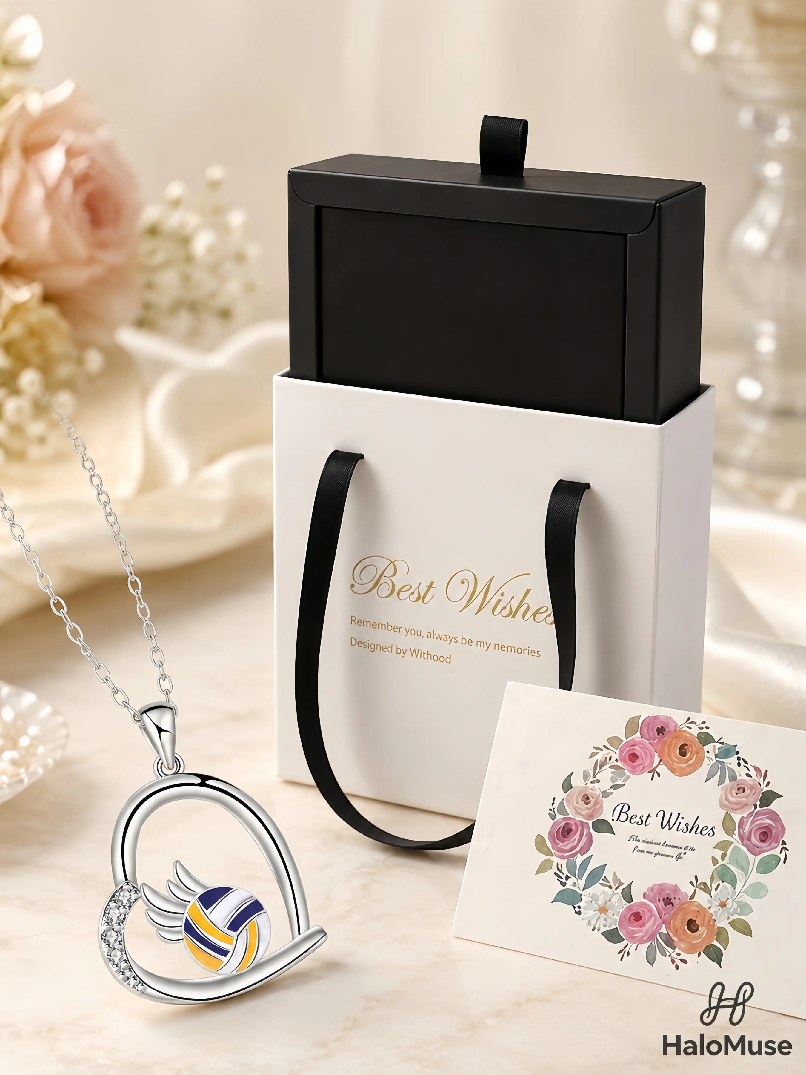 Halo Muse 1 Set Volleyball Heart Necklace Gift Box, Romantic Eye-Catching Silver Rhinestone Heart Volleyball Pendant with Gift Box and Card, Perfect for Volleyball Girls, Birthday, Graduation, Anniversary Gifts