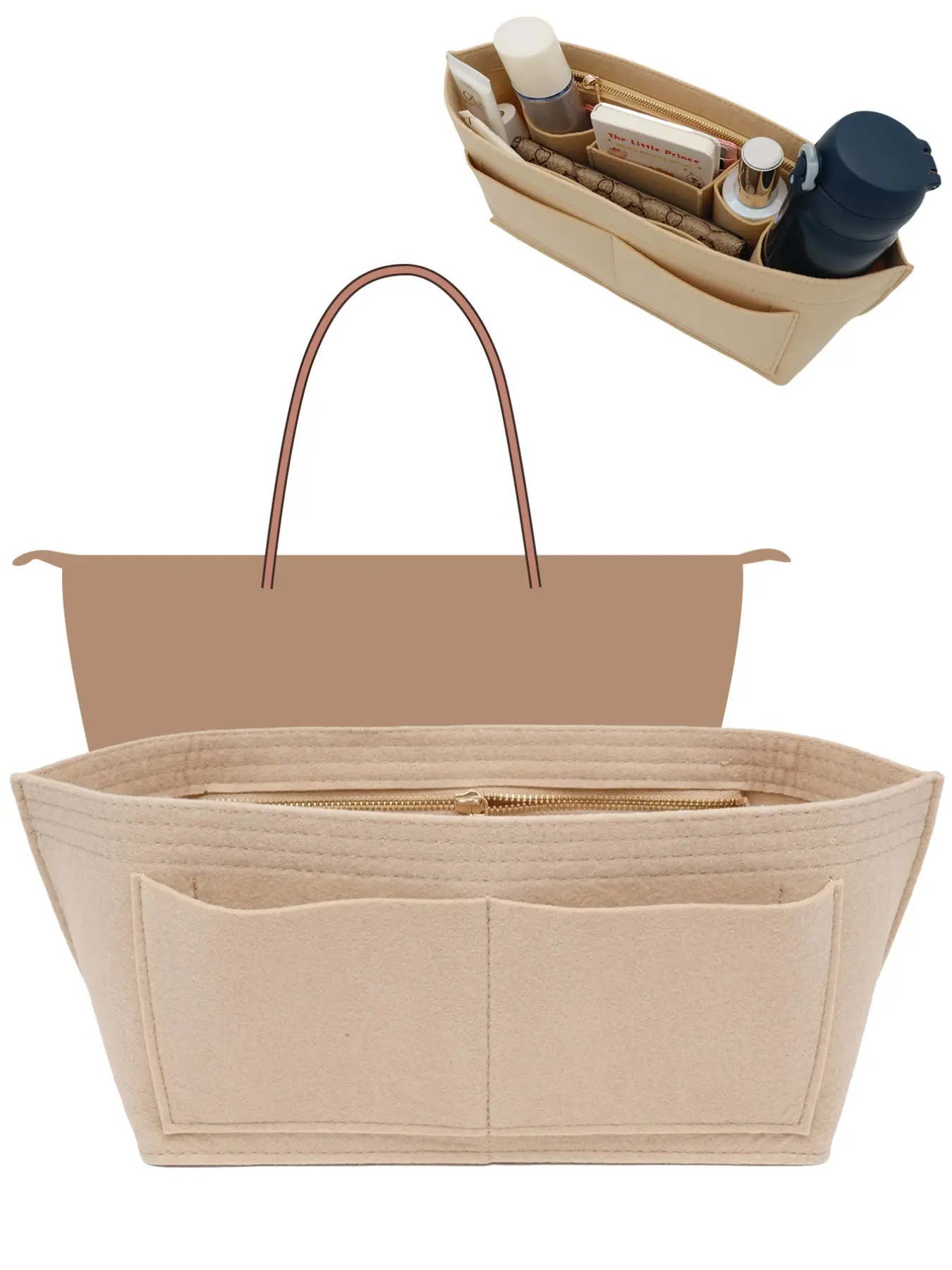 Large Capacity Purse Organizer Insert, Felt Handbag Organizer with Multi Pockets, Folding Tote Bag Insert with Anti-Theft Zipper Pocket, Multi Purpose Organizer