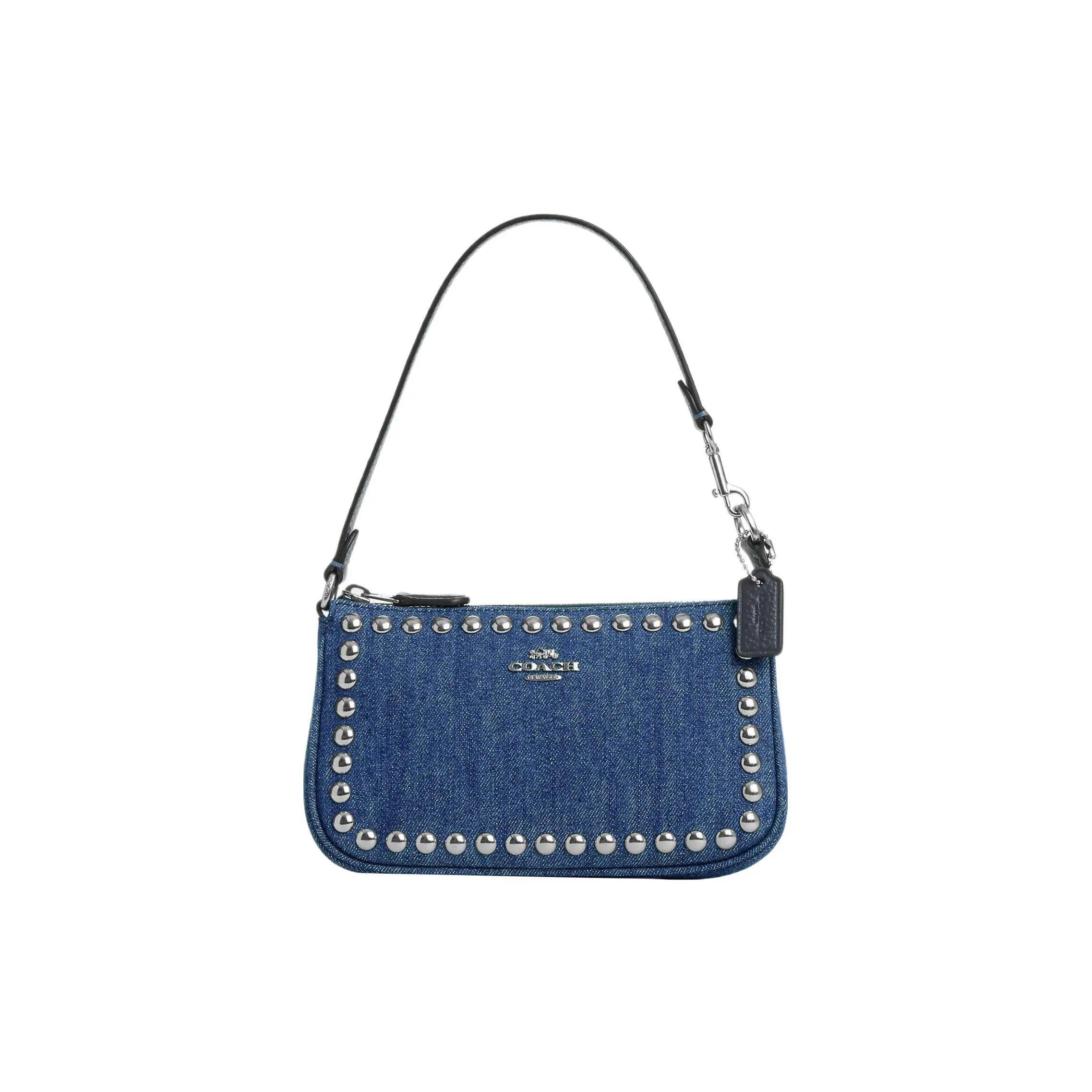 Coach Nolita 19 Embossed Logo Rivet-Decorated Denim and Pebbled Leather Crossbody Bag for Women, Small, Blue