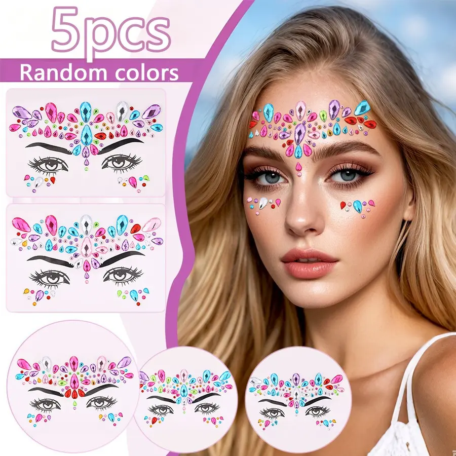 5pcs Random Style Face Rhinestones Stickers, Music Festival Party Eyebrow Eye Makeup Glitter, Self-Adhesive DIY Beauty Jewelry