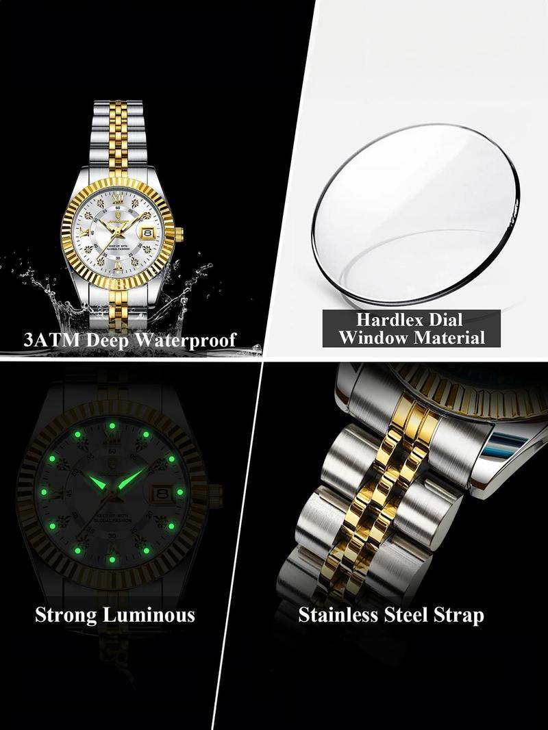 Women's Elegant Round Dial Analog Quartz Watch, Fashionable Luminous Watch for Party, Daily Clothing Decor, Trendy All-match & Exquisite Waterproof Watch for Birthday Gift with Box, Fashionable Watches, Stainless Steel Watch