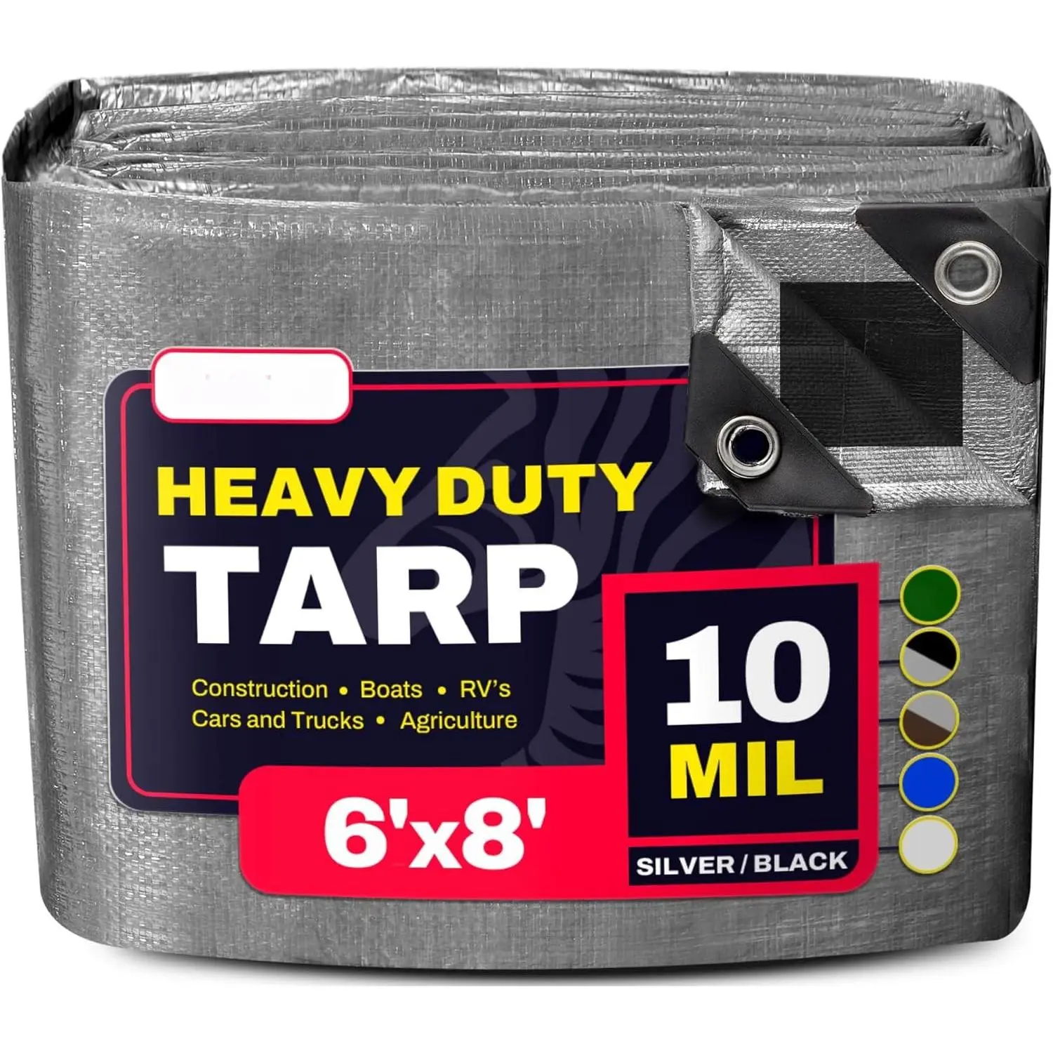 6' x 8' /Black Heavy Duty Tarp with Grommets Reinforced - 10 Mil Thick - Double Sided Plastic  Tarps - Large Tarpaulin Cover for Outdoor Camping Tent Tarp RV Roof Rain -