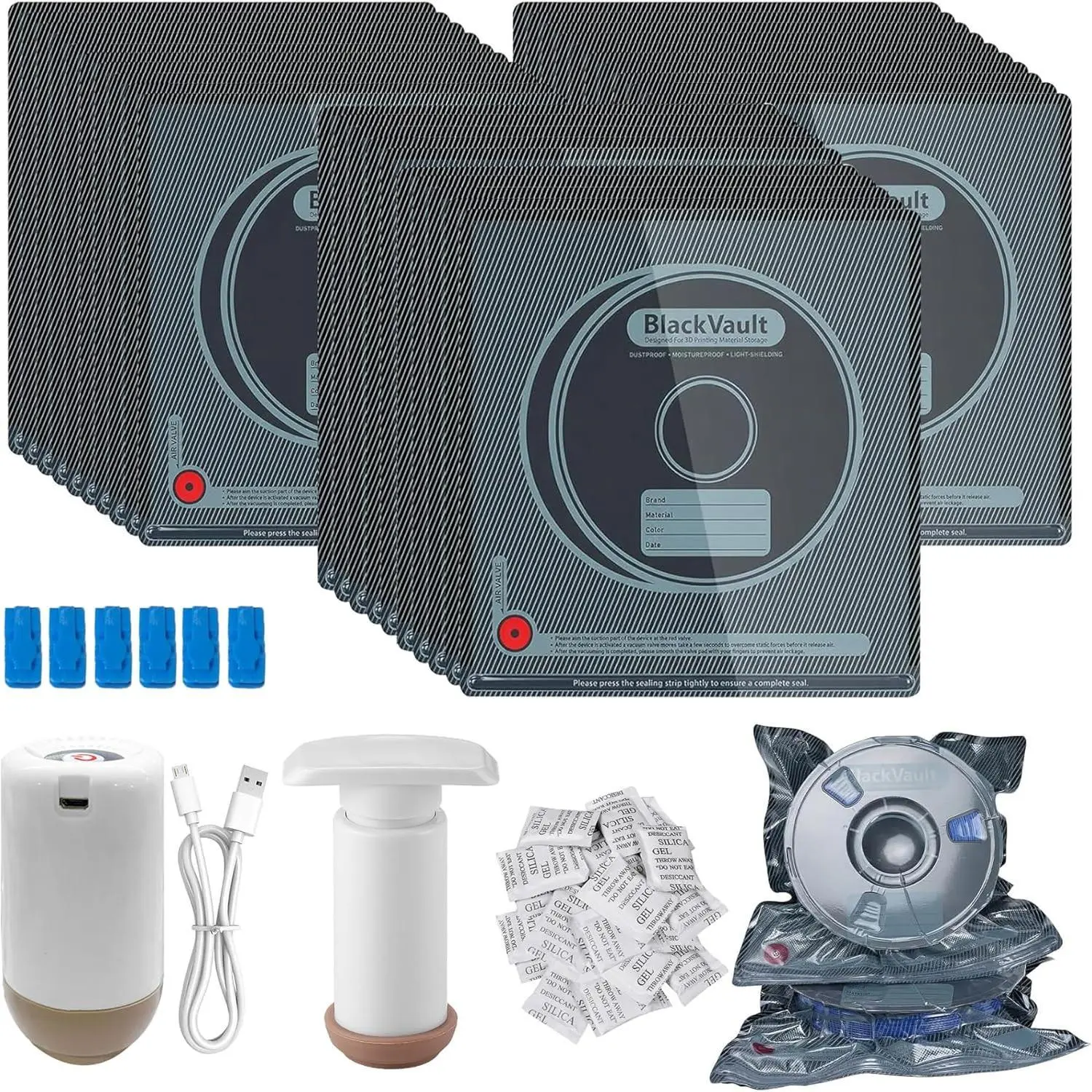 30pcs 3D Printer Filament Vacuum-Sealing Storage Bags Kit, 3D-Printed Storage Bags Organiser Accessories with 30 Desiccants, Auto Pump, 6 Sealing Clips, Dust-Proof, Humidity-Resistant (12.6*13.38 in)