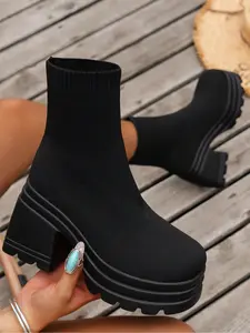 Women's Fall Winter Thick Sole Heeled Nude Boots, Fashion Casual Versatile Warm Short Boots, Chunky Heel Knit High Tube Boots