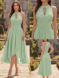 MIUSOL 56991A Sequin Floral Lace Keyhole Neckline Sleeveless Chiffon Ruched Prom Party Swing Dress，Spring & Summer Women Dress，Suitable For Birthday Party,Wedding Guest,Dinner