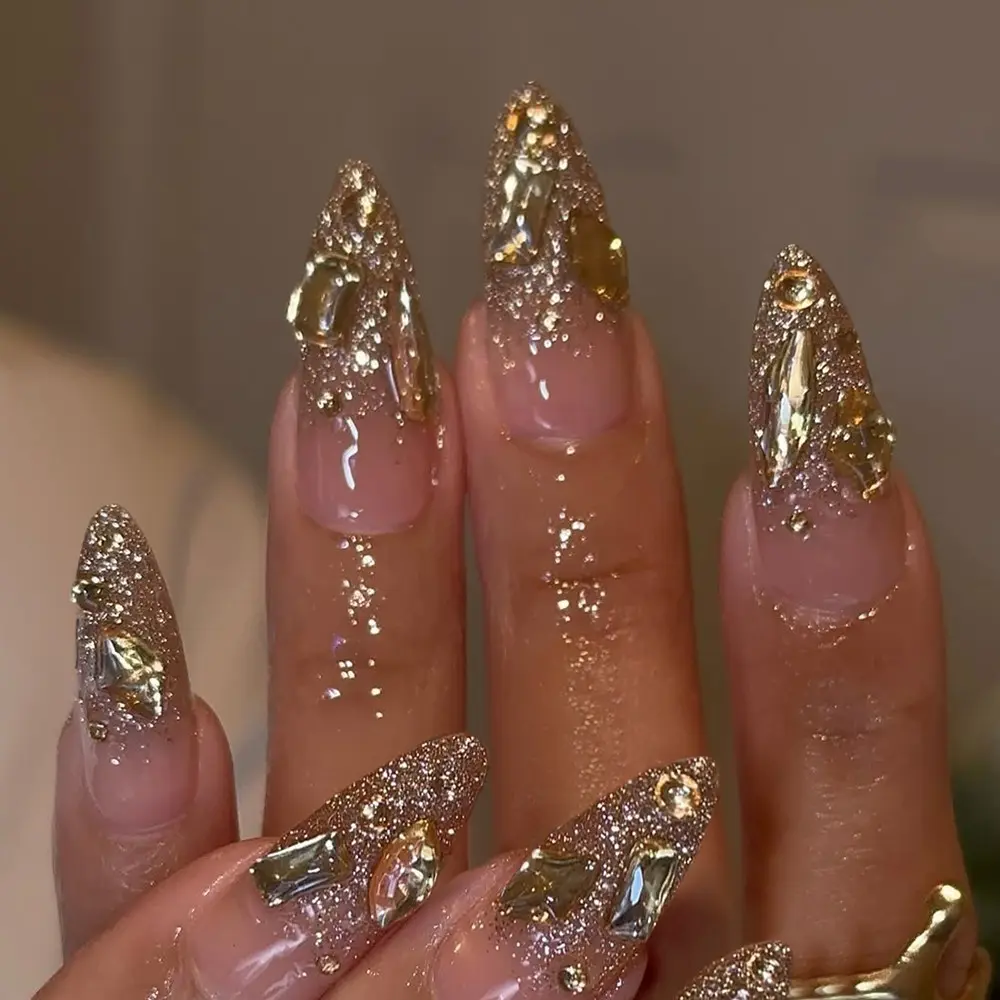 24pcs Medium Long Almond Fake Nails, Glittering Fake Nails, Almond Nail Tips, Champagne Gold Glitter Gradient Nude Base, 3D Rhinestone Decoration, High-End Nail Art