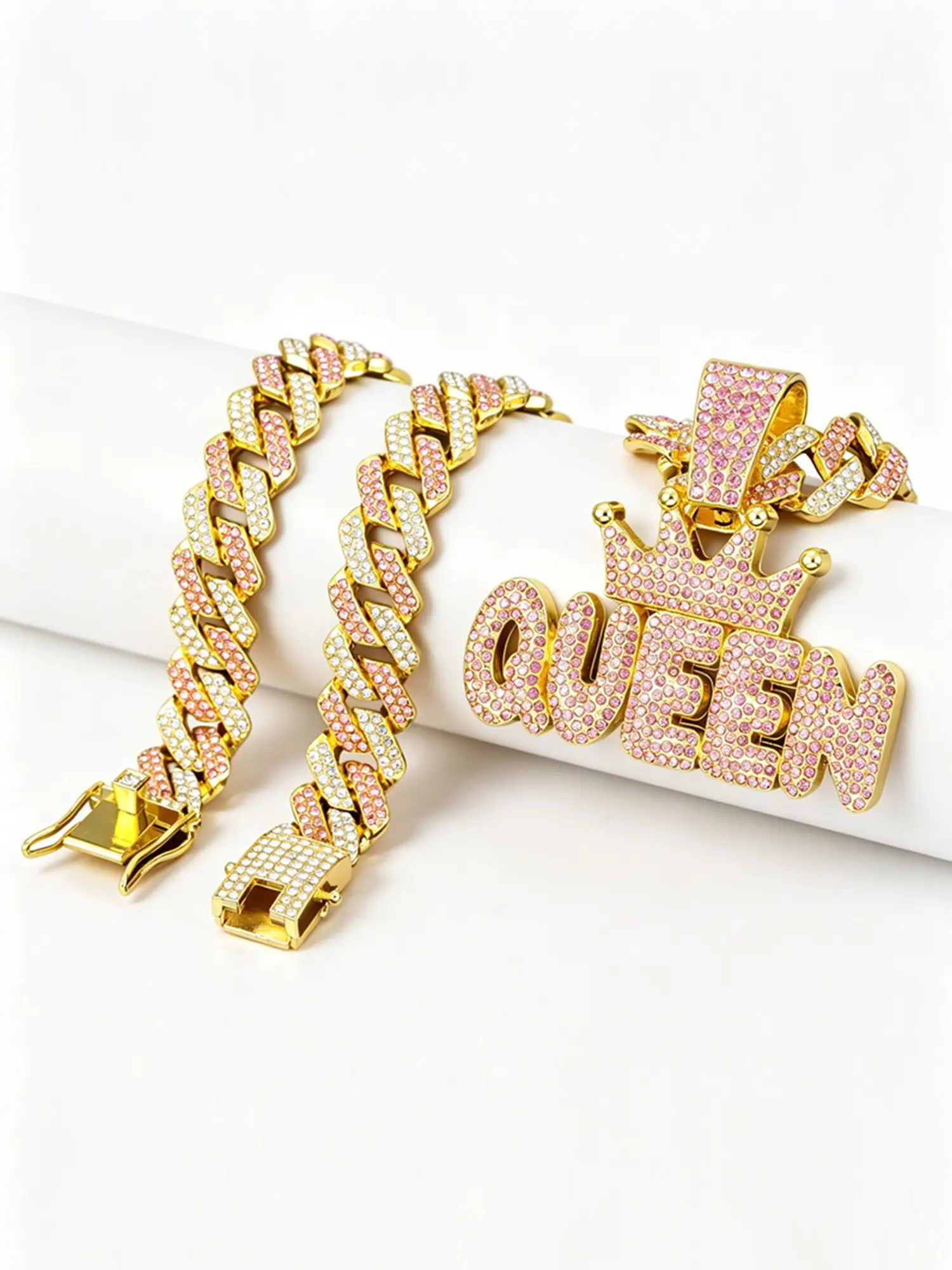 Full Rhinestone Queen Letter Necklace, Non-Fading Cuban Chain, American Rap Style Women's Accessory