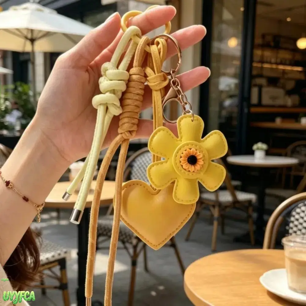 Leather Heart Sunflower Bag Charm Keychain, Multi Knotted Braided Rope Tassel Pendant, Minimalist Neutral Tone Aesthetic Handbag Accessory, Lightweight Dainty Decorative Key Ring For Women Crossbody Tote Backpack Daily Street Outfit Styling