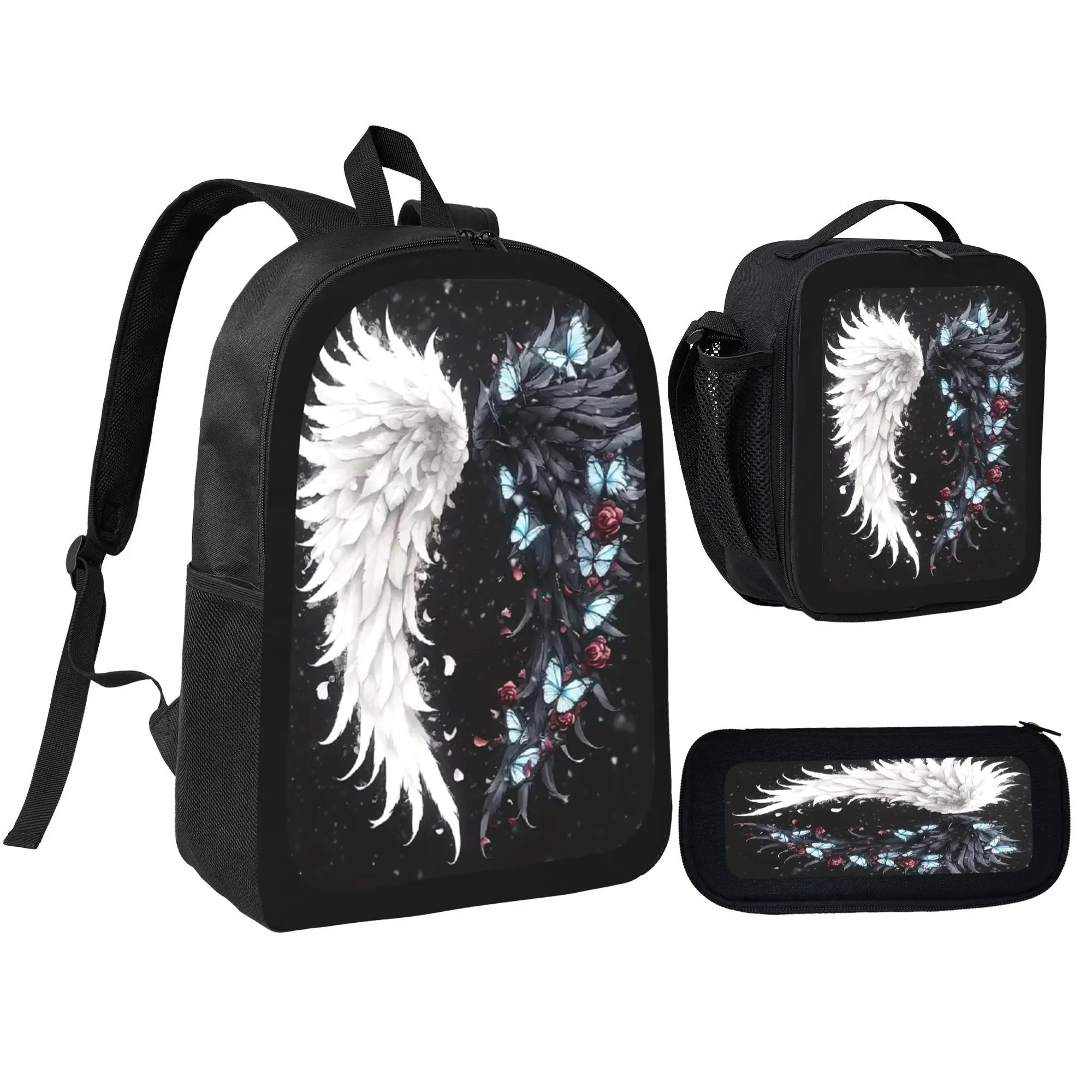 3Pcs Gothic Angel Wing backpack with lunch bag and pencil box, Cool Anime-Style backpack set for kids teens, school bag for girls boys, Casual, Daily Commuting, and Sports Essentials, Perfect Gift