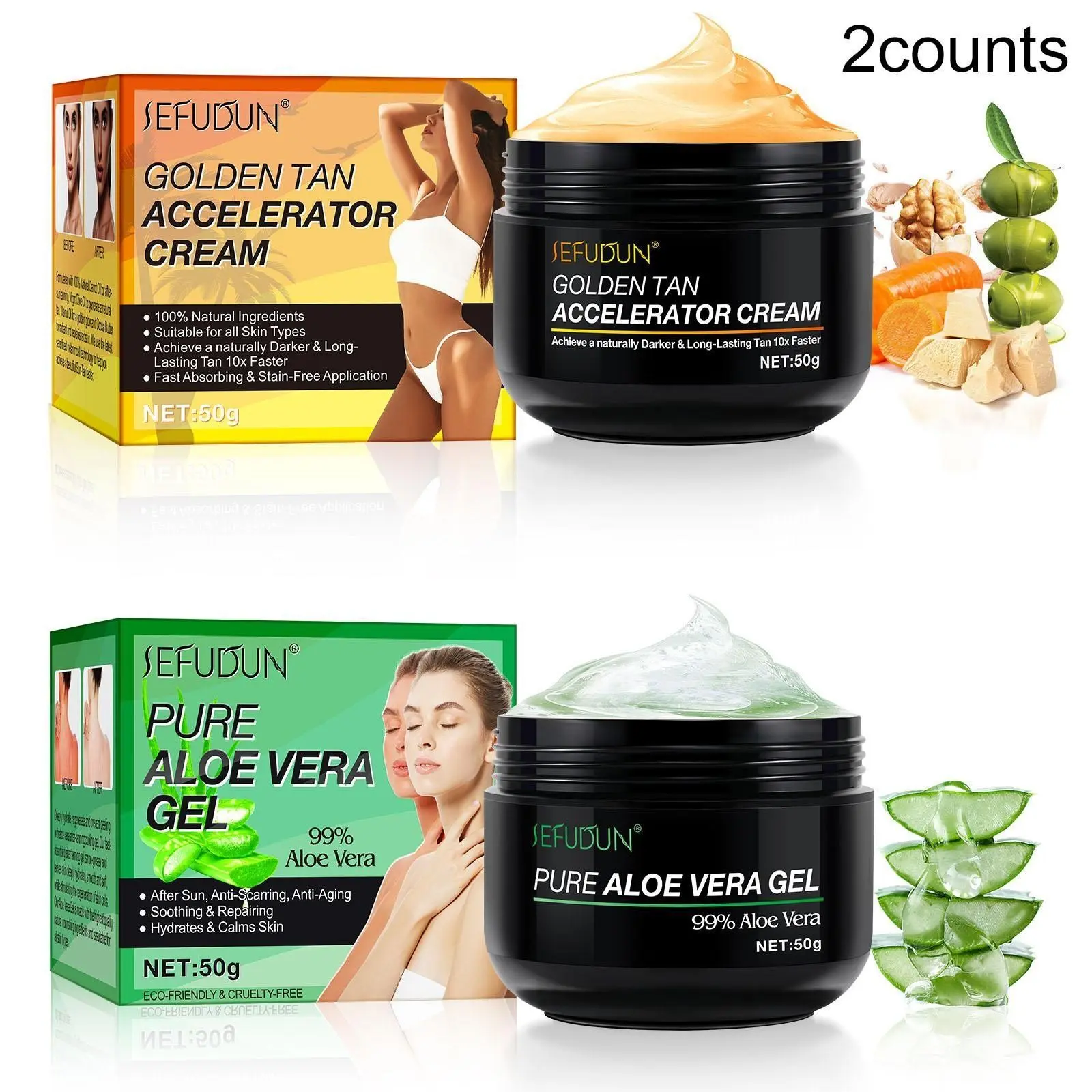 Sefudun Tan Body Care Set, 2 Bottles, Aloe Gel 50g + Tan Cream 50g, Natural Organic Moisturizer, for Skin, Face, Hair, Sunbed, Outdoor Use
