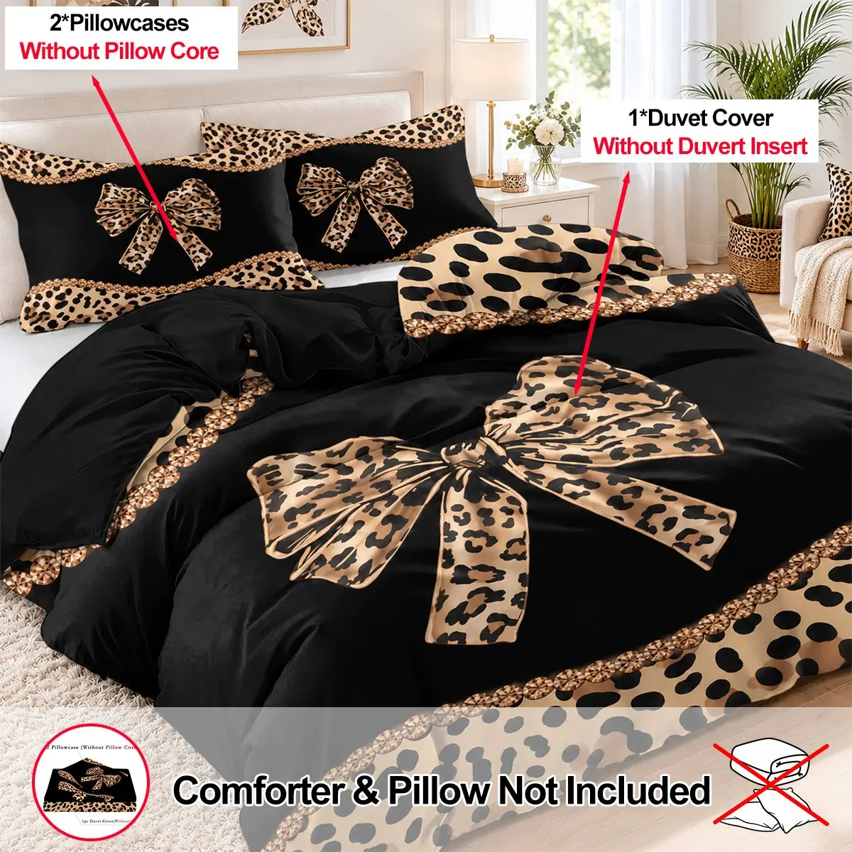 3-Piece Leopard-Print Bow Pattern Duvet Cover Set (includes 1 duvet cover and 2 pillowcases; inserts not included). Made from soft, breathable fabric; machine-washable. Ideal for bedroom or guest room bedding decor. Decorative Bedding Set