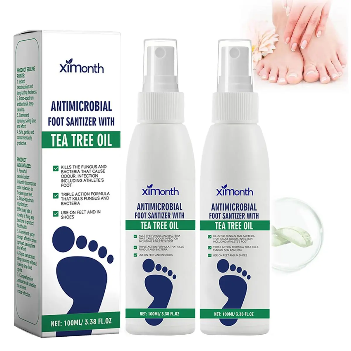 XIMONTH Tea Tree Oil Foot Spray - 100ml Antimicrobial Deodorant for Odor Control & Dry Feet Care, Natural Moisturizer with Antifungal Properties