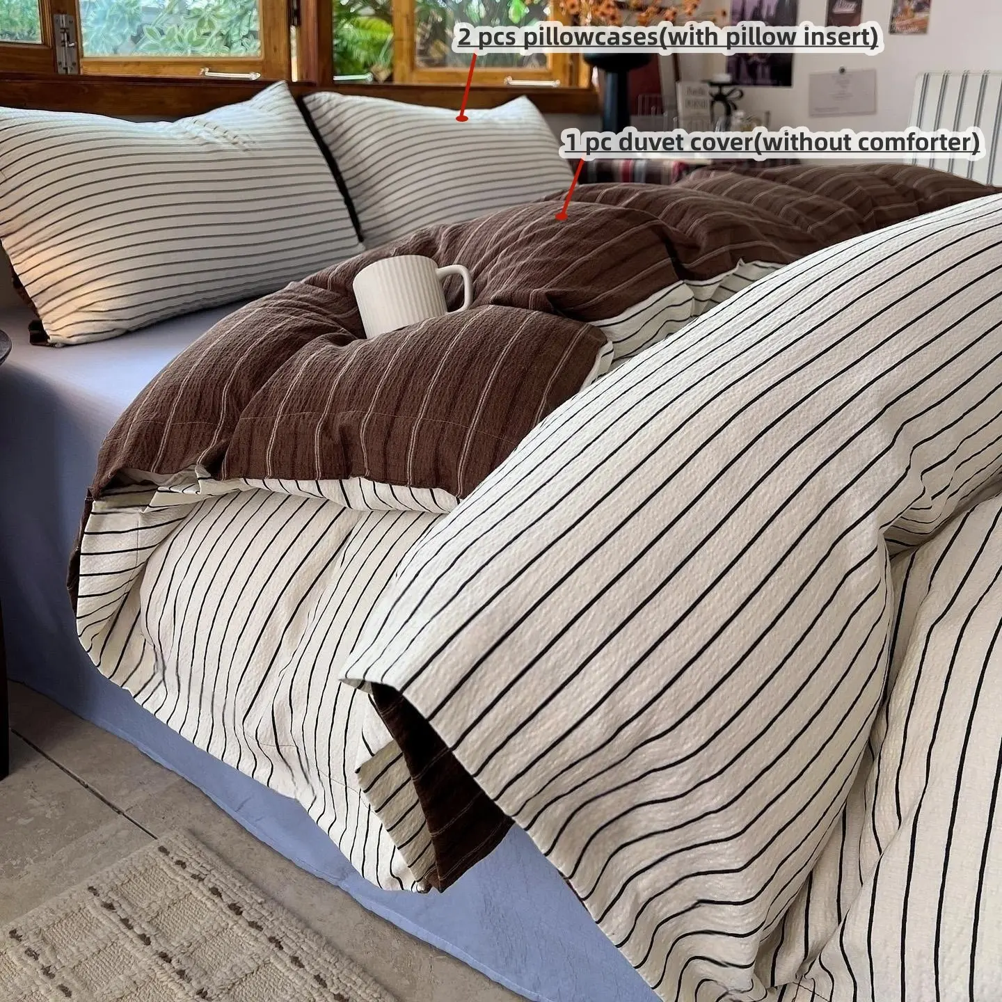 3pcs Striped Bedding Set, Includes 1pc Duvet Cover + 2pcs Pillowcases,without any filling. 100% Polyester, for Single Twin Double Queen King Size bed