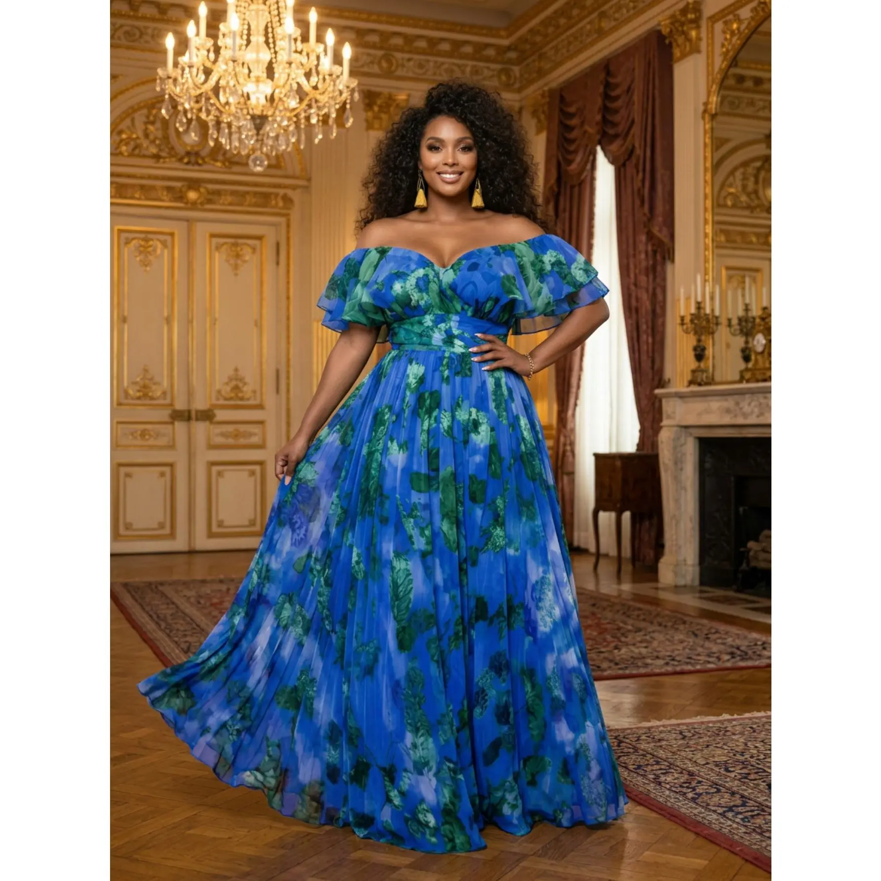 Plus Size Formal Off Shoulder Ruffle Detail Flowy Floor Length Party Dress