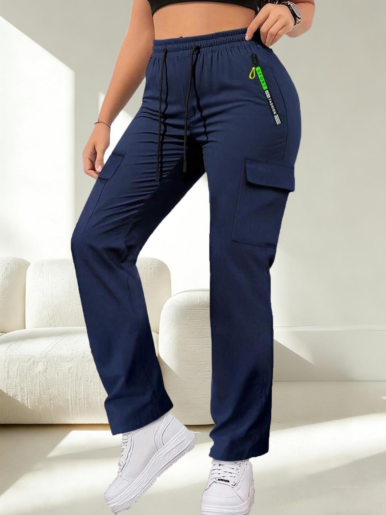 3Pcs Women's Spring/Autumn Zipper Pocket Work Pants, Stylish Large Pocket Design with Elastic Waistband, Casual Outdoor/Everyday Long Slim Pants