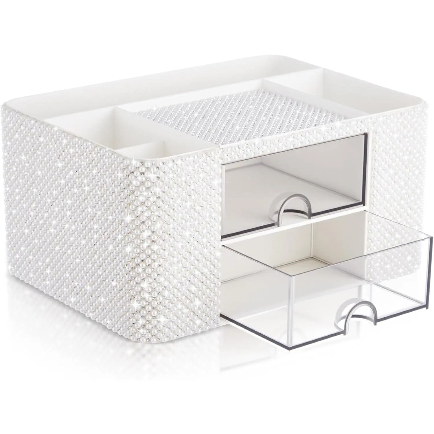 White Bling 2-Drawer Desk Organizer - Sturdy Plastic, Sparkling Look, Rhinestone Pen Holder, Girly Aesthetic Office Accessories, Birthday Gift for College Dorms, Spot Clean Storage Solution for Office Organization