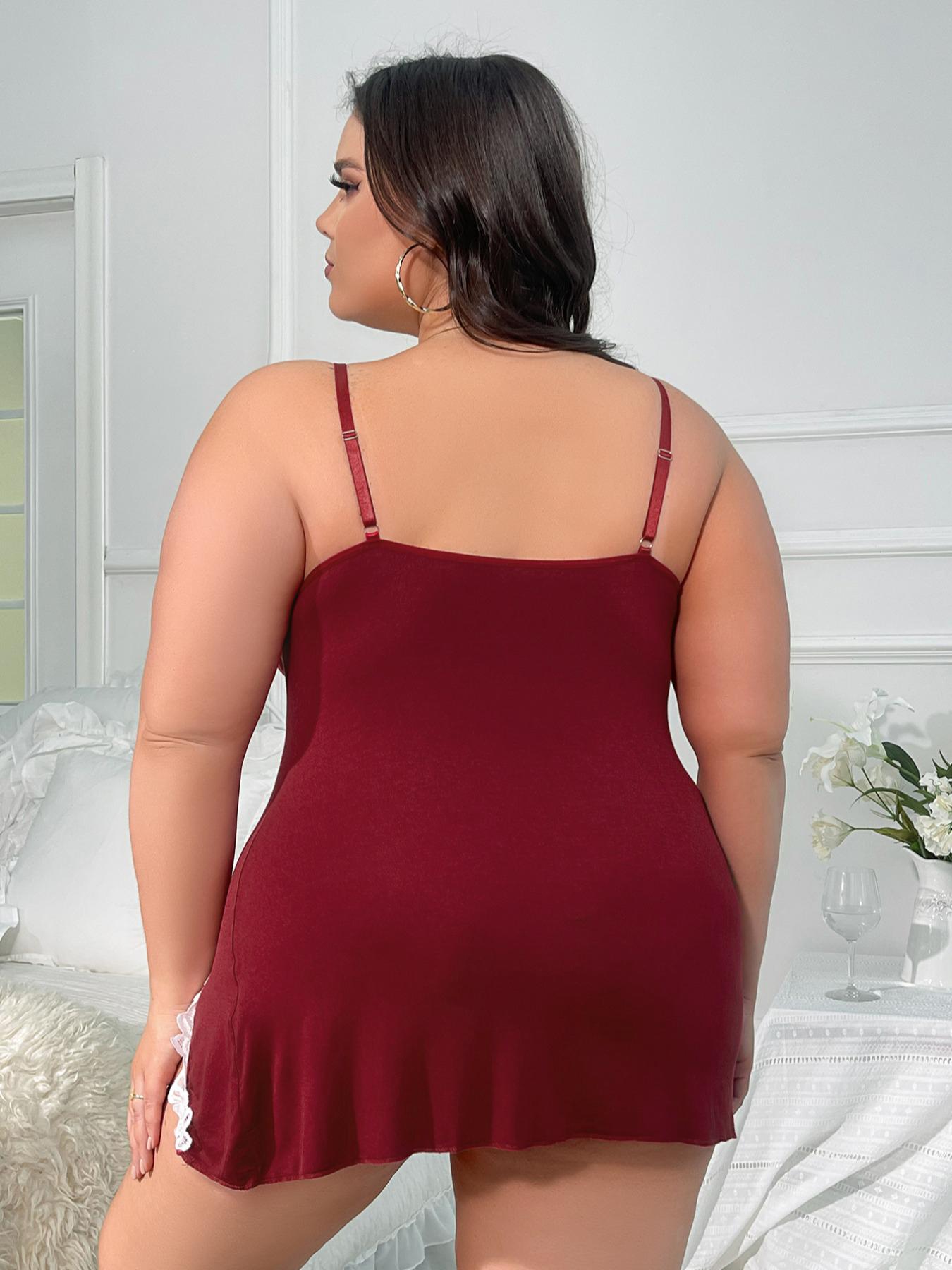 Plus Size Bow Decor Contrast Floral Lace Split Hem Cami Nightdress, Elegant Casual V Neck Sleeveless Nightgown for Summer, Women's Sleepwear for Home Wear