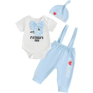 Karuedoo My 1st Father's Day Baby Boy Outfit Short Sleeve Bowtie Romper Love Dad Suspender Pants Hat 3 Piece Clothes Set