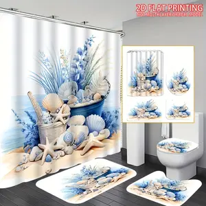 1/4PCS Vintage Elegant Shell Print 2D Flat Shower Curtain Set – 1-Piece Curtain Only or 4-Piece Set: Curtain + Non-Slip Mat + Toilet Cover + Bath Mat + 12 Hooks, Bathroom Accessories & Home Decor
