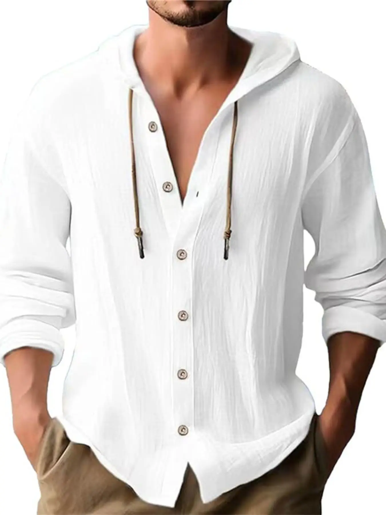 Men's Linen Shirt Summer Loose Fit Casual Breathable Long Sleeve Hooded Top, Trendy Comfortable Men's Clothing for All Seasons