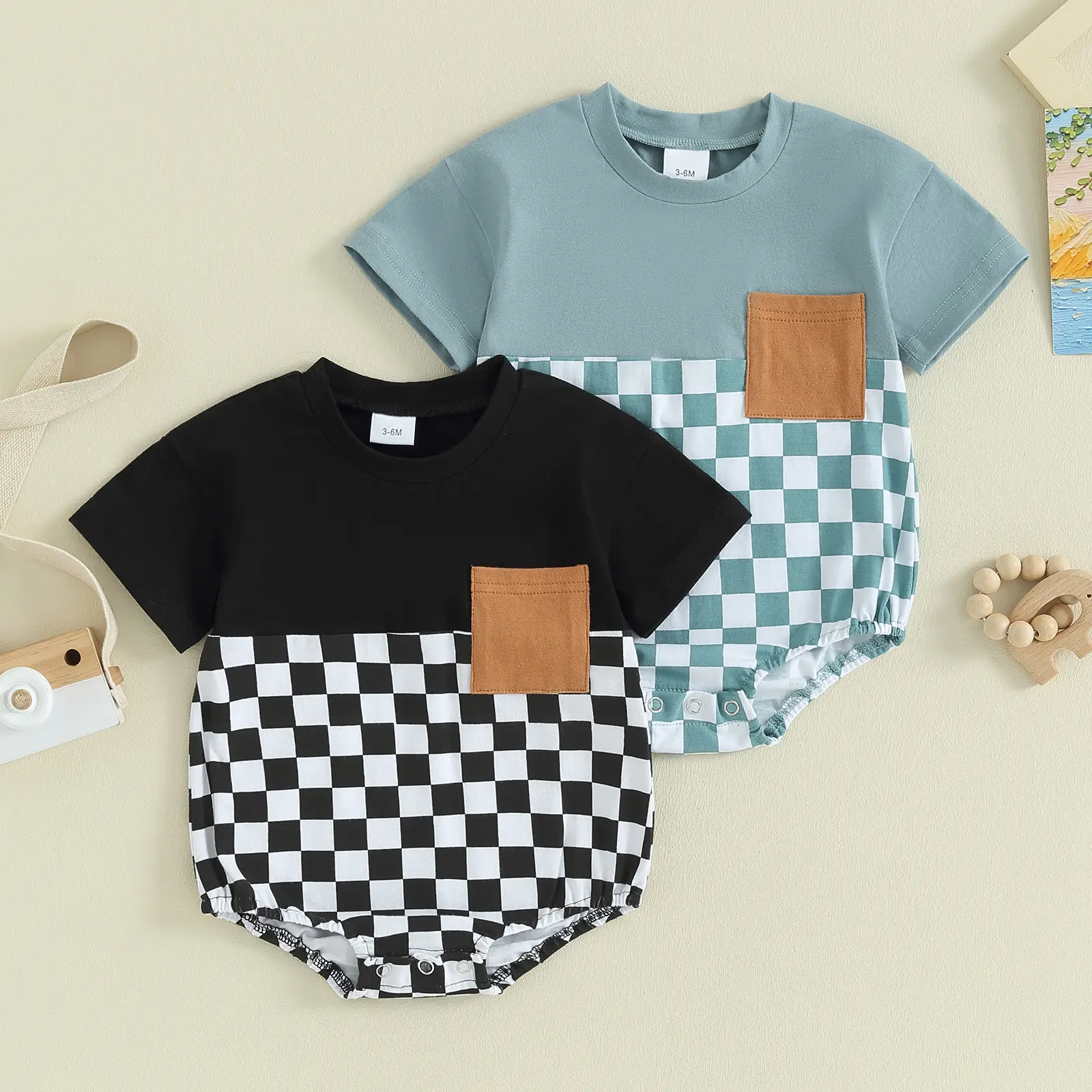 Toddler Baby Boy Rompers Short Sleeve Round Neck Checkerboard Print Pocket Bodysuits Newborn Playsuits