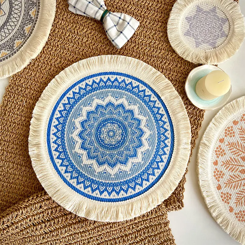 Boho Vintage Round Placemat, Hand-Woven Polyester with Print