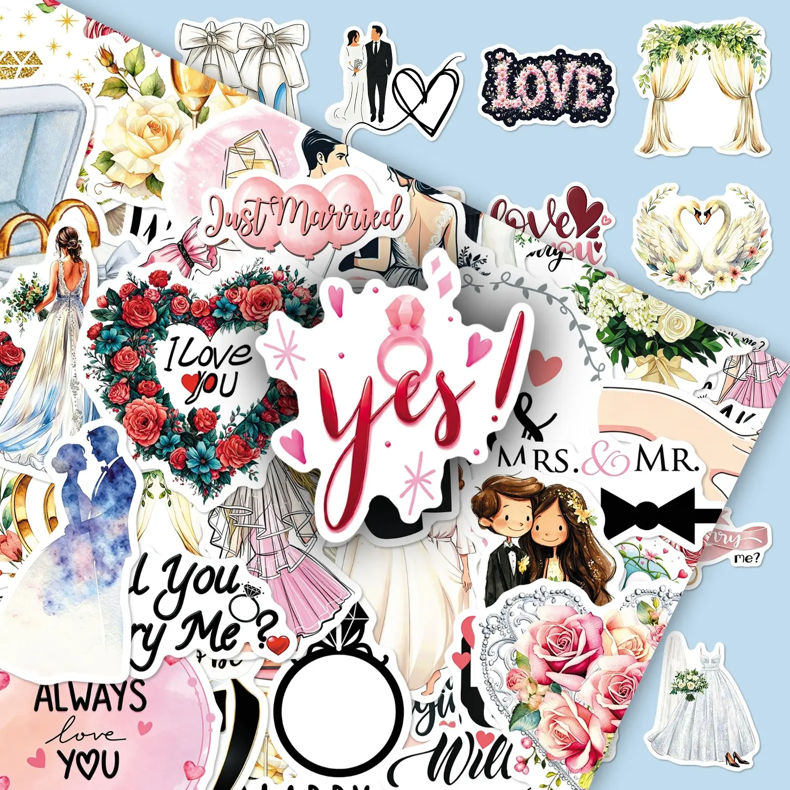 100 Pcs Romantic Wedding Stickers, 2 Sets (Identical), Aesthetic Fresh Creative Design, Personalized Decorative Supplies for Journal & Phone Cases