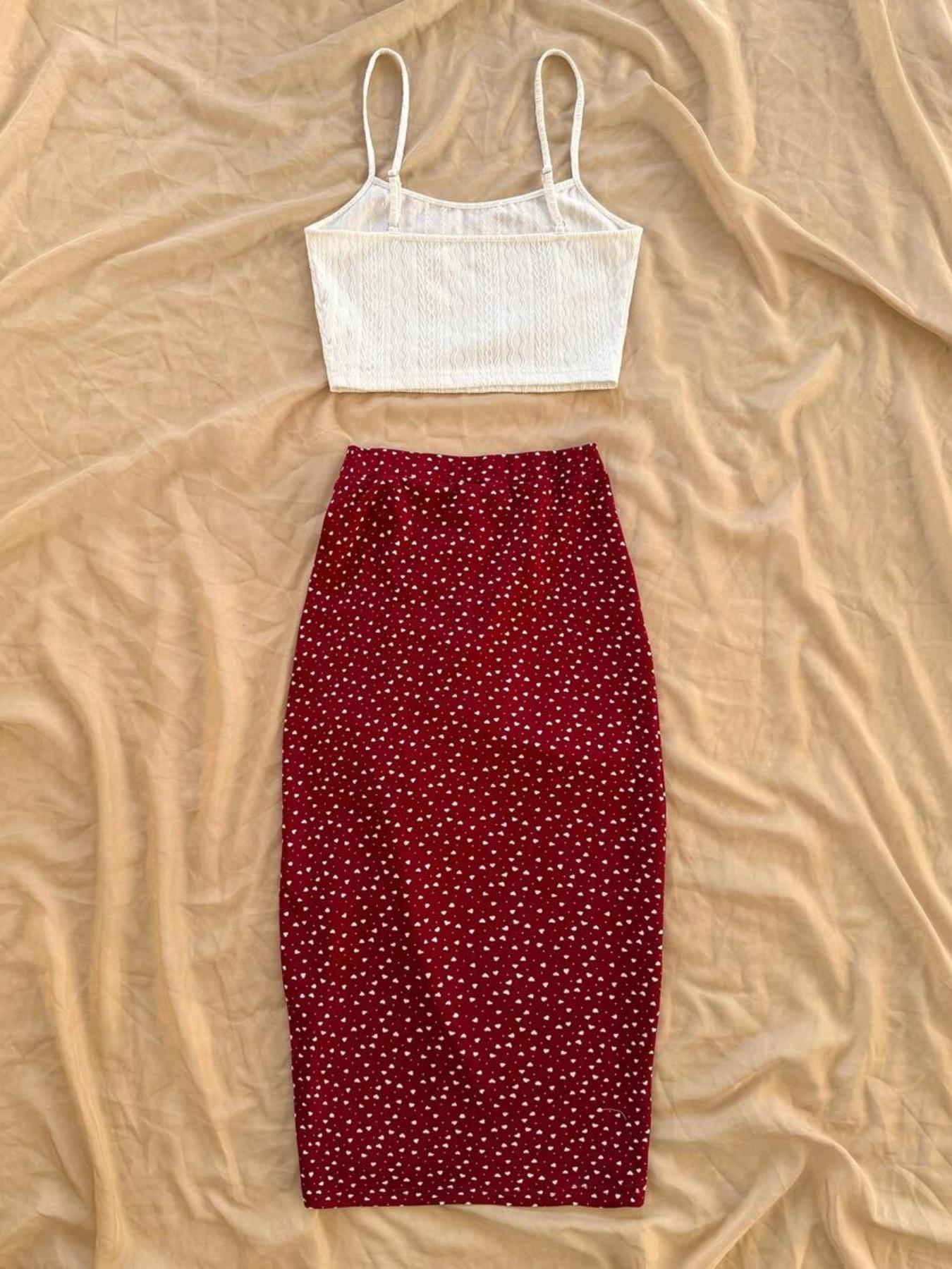 Women's Solid Color Crop Cami Top & All Over Heart Print Skirt Two-piece Set, Boho Sleeveless Spaghetti Strap Top & Skirt, Casual Summer Clothes for Ladies, Womenswear, Bohemian Casual Outfits Women Matching Sets