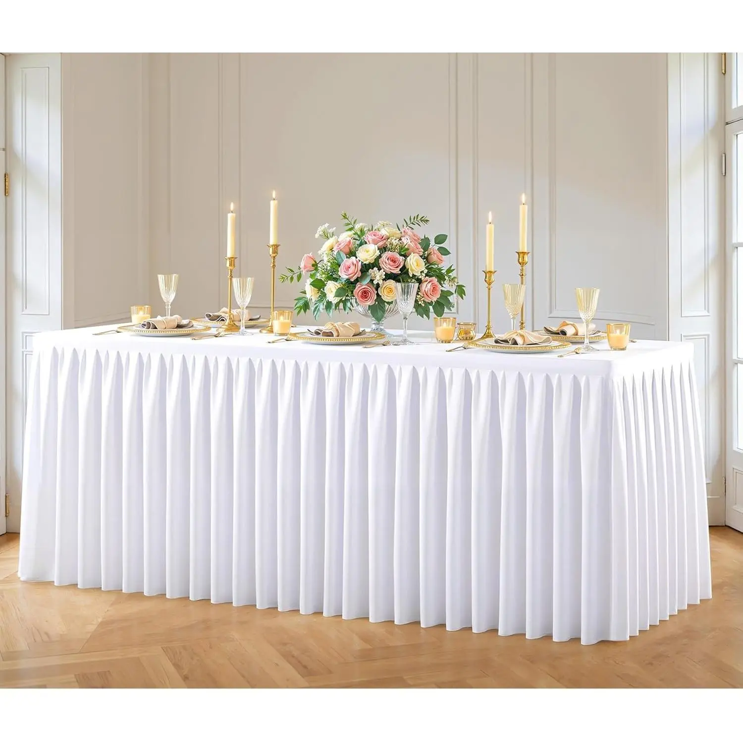 White Polyester Table Cloths for Rectangle 4 Foot Tables, 1 Pack Wrinkle Free Tablecloths Stretchy Banquet Ruffle Fitted Table Cover Desk Skirt for Parties Wedding Birthday Baby Shower