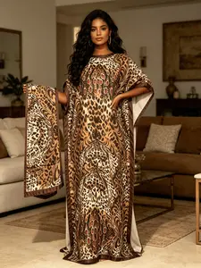 Plus Size Women's Brown Mixed Leopard Paisley Print Maxi Kaftan Dress with Matching Scarf 2 Piece Set, Lightweight Breathable Loose Batwing Beach Cover Up, Loungewear Nightgown Pajama for Resort Pool Home Sleepwear