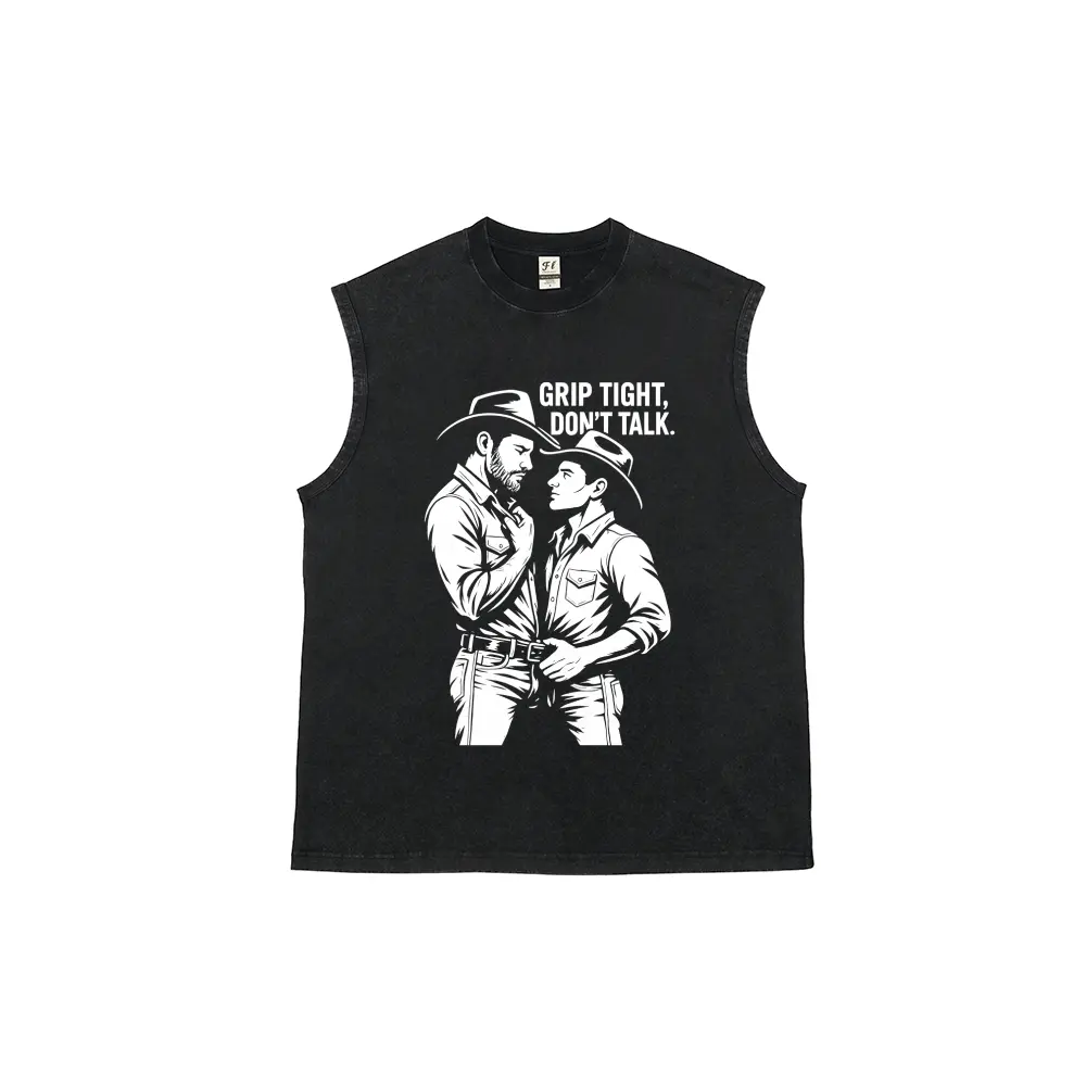 Menswear Cotton Fabric Crew Neck Vintage Acid Washed Cut-Off Tank Top - Retro Gay Cowboy Western Graphic, Grip Tight Don’t Talk Queer Country Humor, Khaki & Multi Vintage Washed Colors for Men Summer Vest